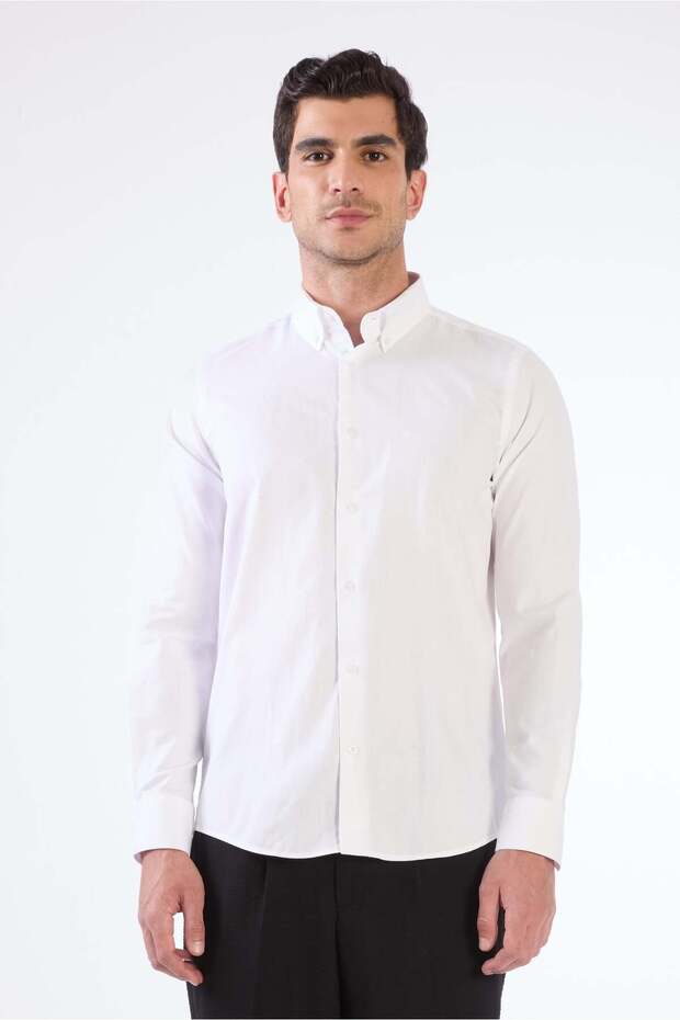 Men's Slim Fit Buttoned Collar Long Sleeve Cream Shirt