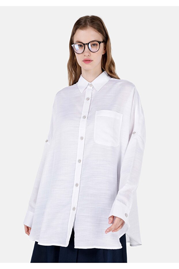 Relaxed Fit Shirt Neck Plain Women's White Roll-Up Shirt