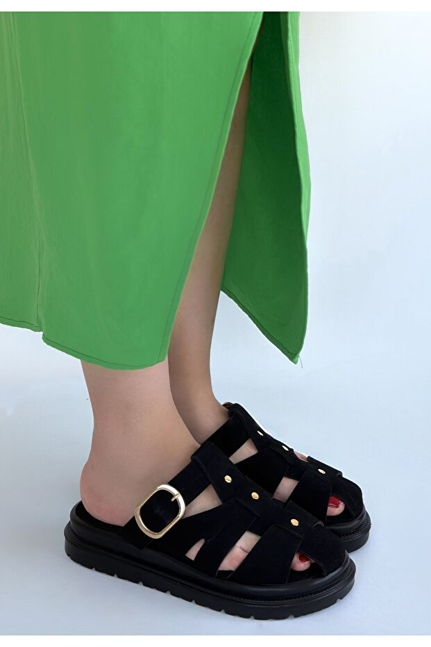 Ellia Black Suede Buckle Slippers