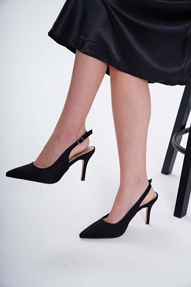 8.5 cm Black Suede Open Back Women's Thin Heel Stiletto Shoes