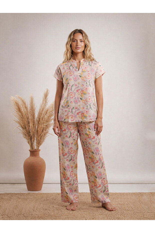 Beige Floral Printed Nightwear Top With Matching Pants
