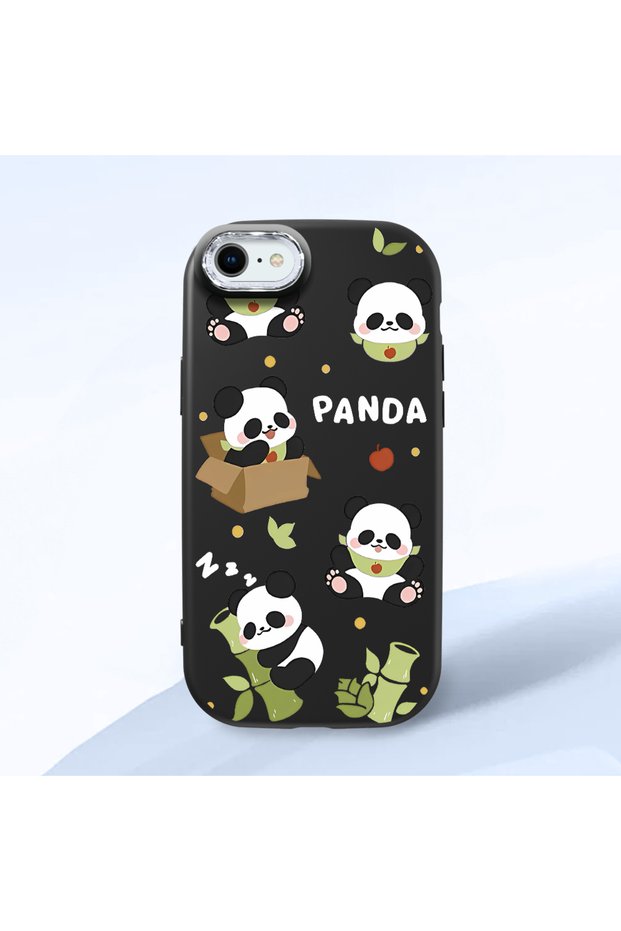 iPhone Se 2020 Compatible Case Camera Protector Black Silicone Couple Phone Case Panda Pattern