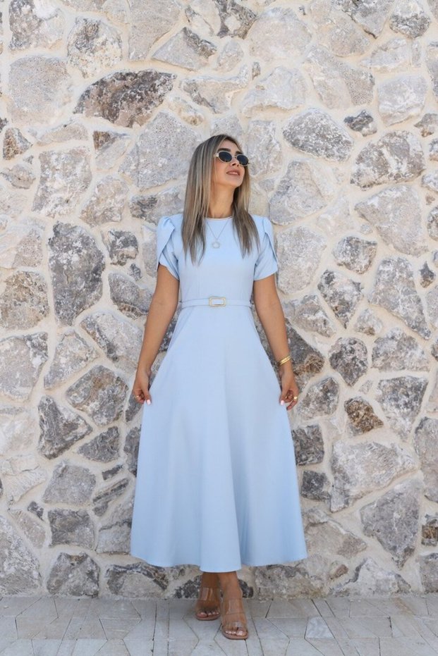 Baby Blue Belted Sleeve Detail Dress