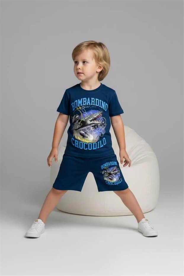 Printed Boys' T-Shirt and Shorts Set - 6604