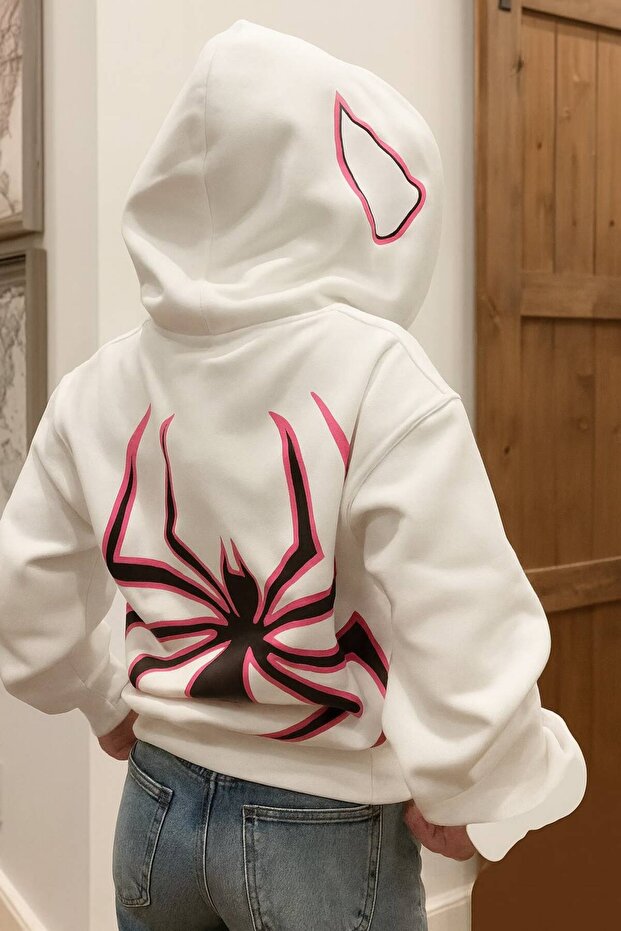 Young Style Unisex Hooded 3 Thread Kangaroo Pocket Sweatshirt Modern Spider Printed