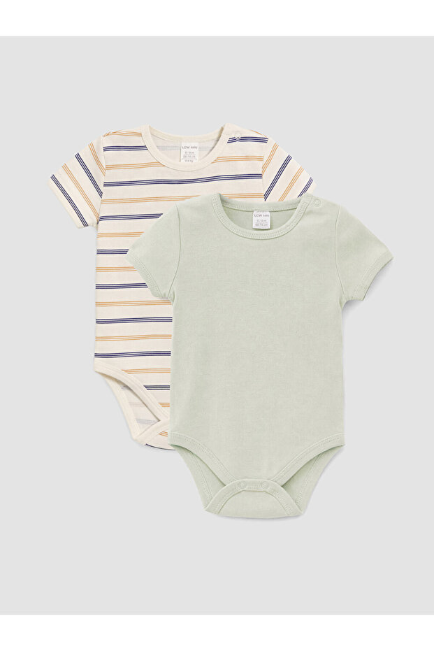Ecru crew neck baby boy snap-on bodysuit 2-pack