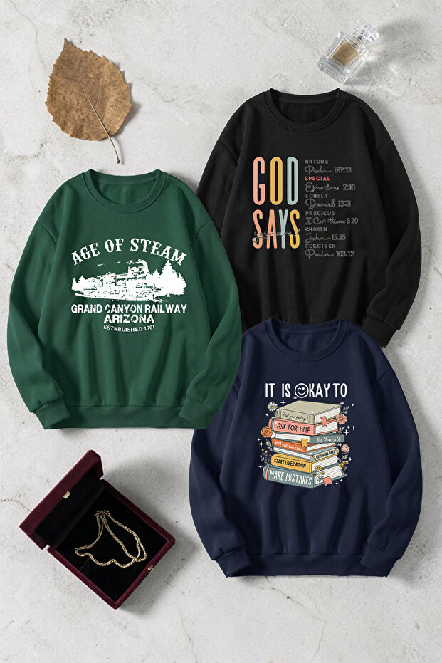 Unisex Mixed Printed Crew Neck Sweatshirt Set – Pack of 3