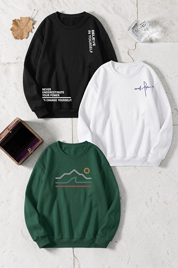 Unisex Mixed Printed Crew Neck Sweatshirt Set – Pack of 3