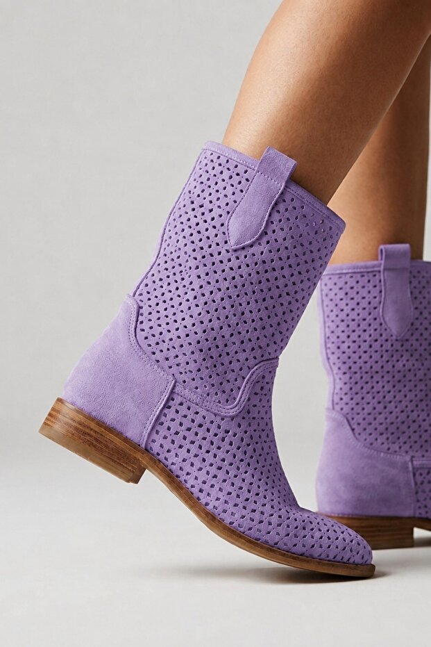 Mellow Women's Suede Low Heeled Summer Boots, Perforated Summer Women's Booties