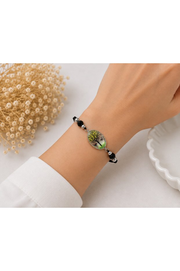 Tree of Life Glass Locket Detailed Adjustable Drawstring Bracelet