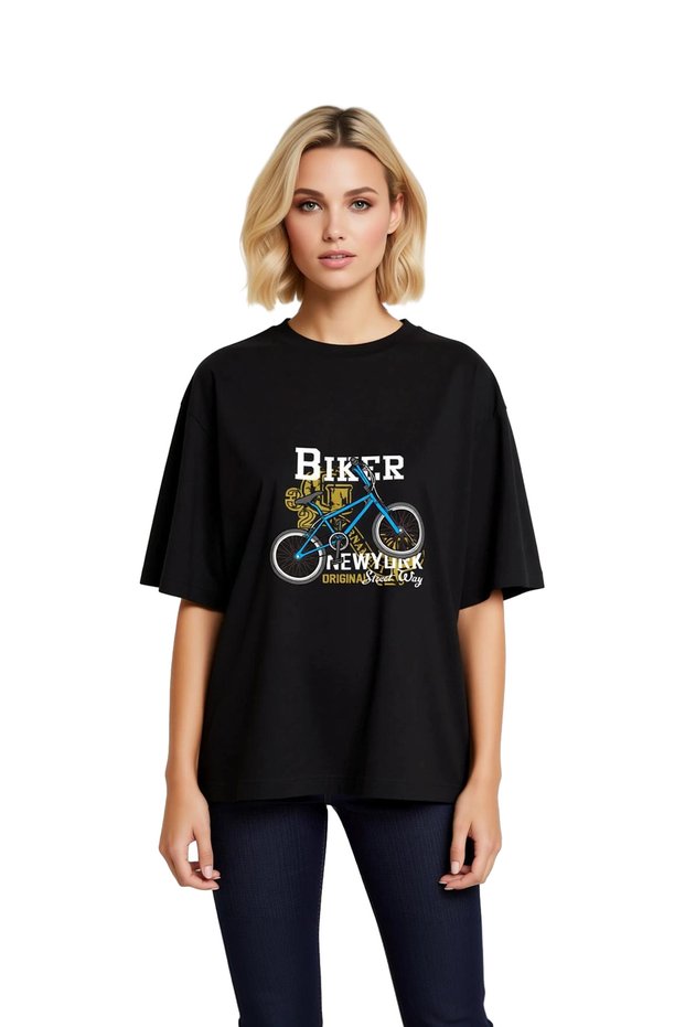Women's Oversize Bicycle Print T-Shirt Street Culture Graphic Pattern Relaxed Fit Casual Modern Stylish