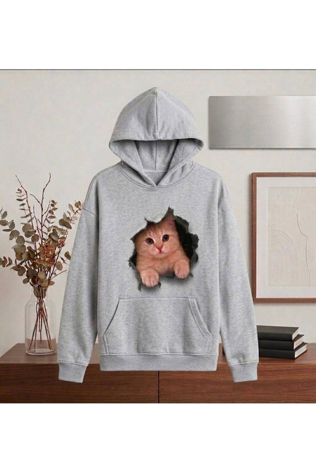 3D Ripped Effect Cute Cat Printed Half Oversize Hooded Unisex Sweatshirt Hoodie with Kangaroo Pocket