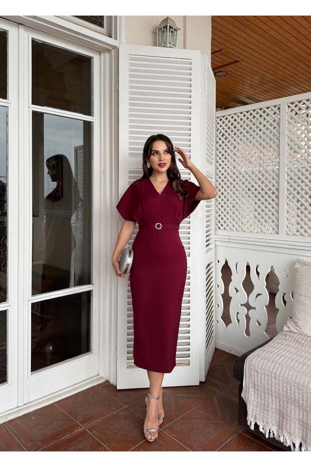 Women's Burgundy - Bordo V-Neck Belted Midi Length Kimono Sleeve Waist-Fitted Dress