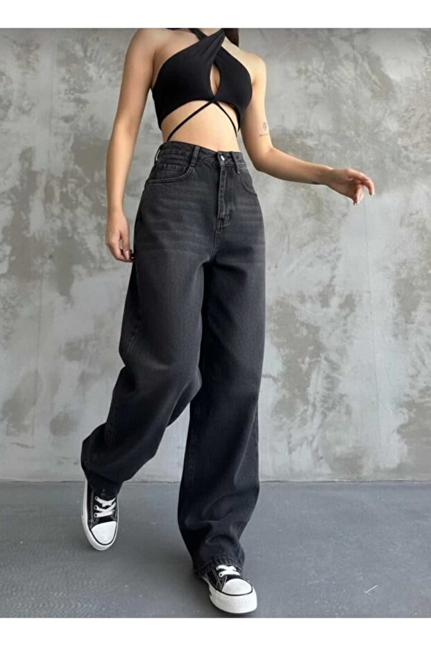 Baggy Buckle Detailed Black Washed Pucket Loose Jean Trousers