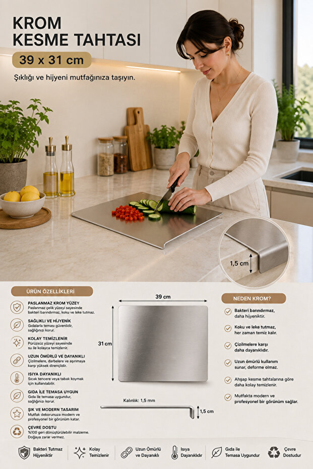 Chrome Cutting Board 39X31Cm Stainless Steel Cutting Board Hygienic Bacteria-Resistant Kitchen Board