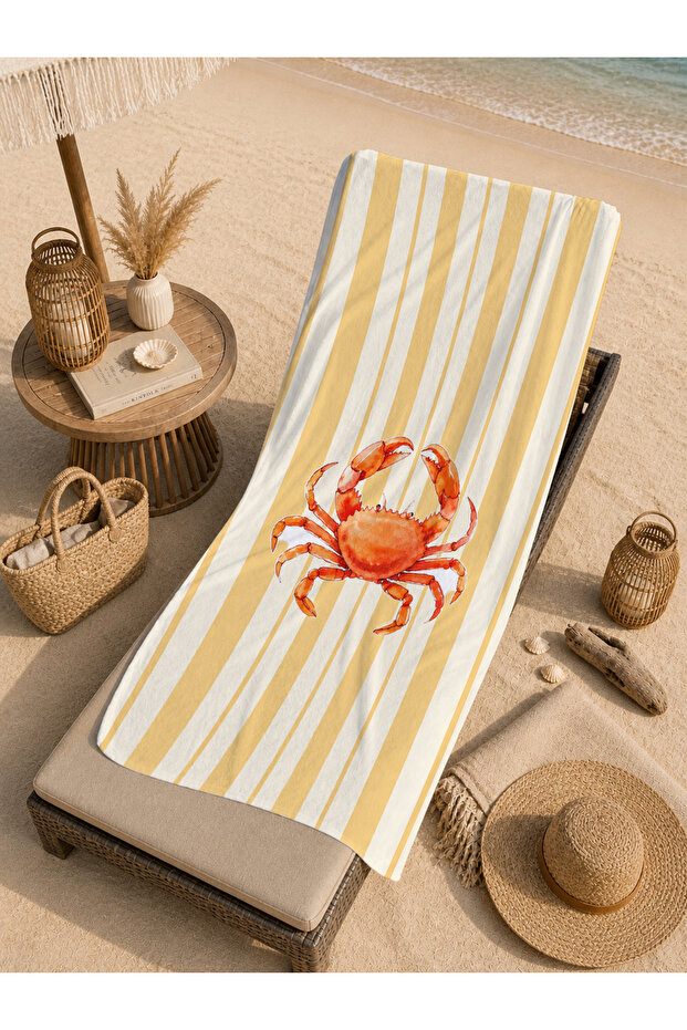 Retro Yellow Striped Crab Figured Summer Patterned 70X150 Beach Towel - Cotton Bath Towel