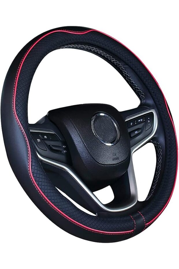 Microfiber Leather Car Medium Steering Wheel Cover (14.5''-15'',Black Dark Blue)