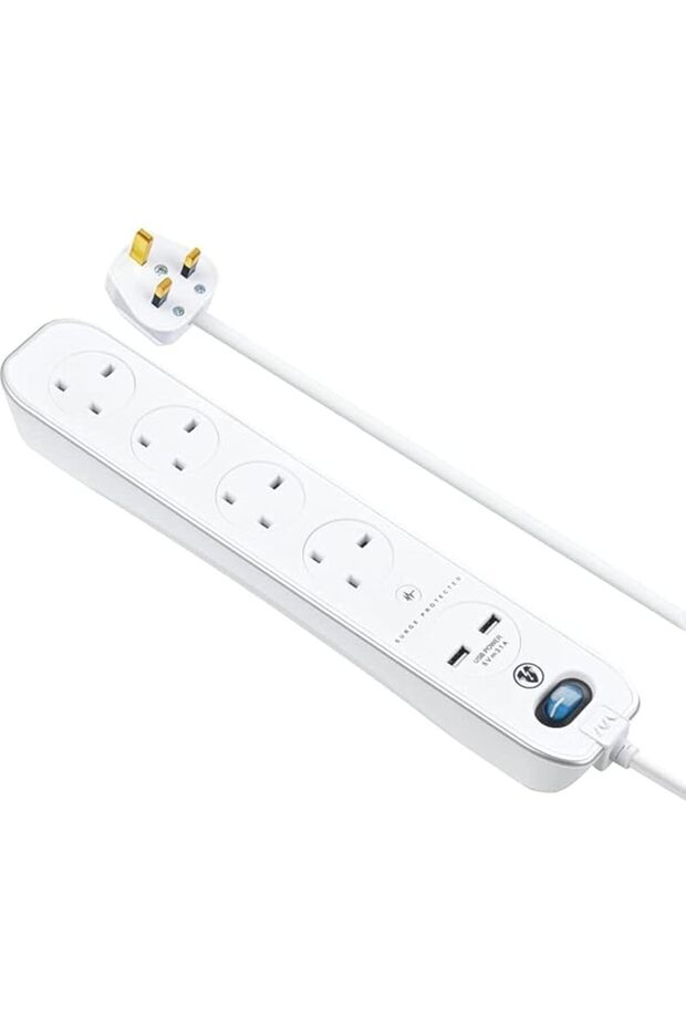 High Gloss Surge Protected 4 In-Line Socket Extension (4 Meter) with 2 USB Ports (White),