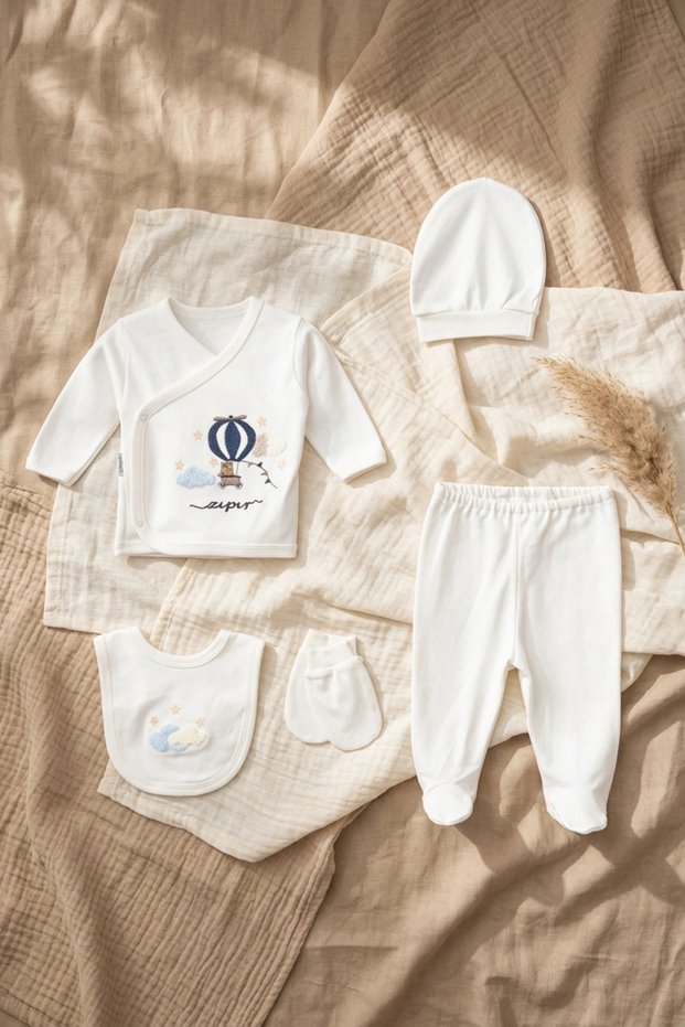 Nube Dreamer Embroidered 5-Piece Baby Hospital Discharge Set - 100% Cotton Ecru Newborn 0-3 Months Set