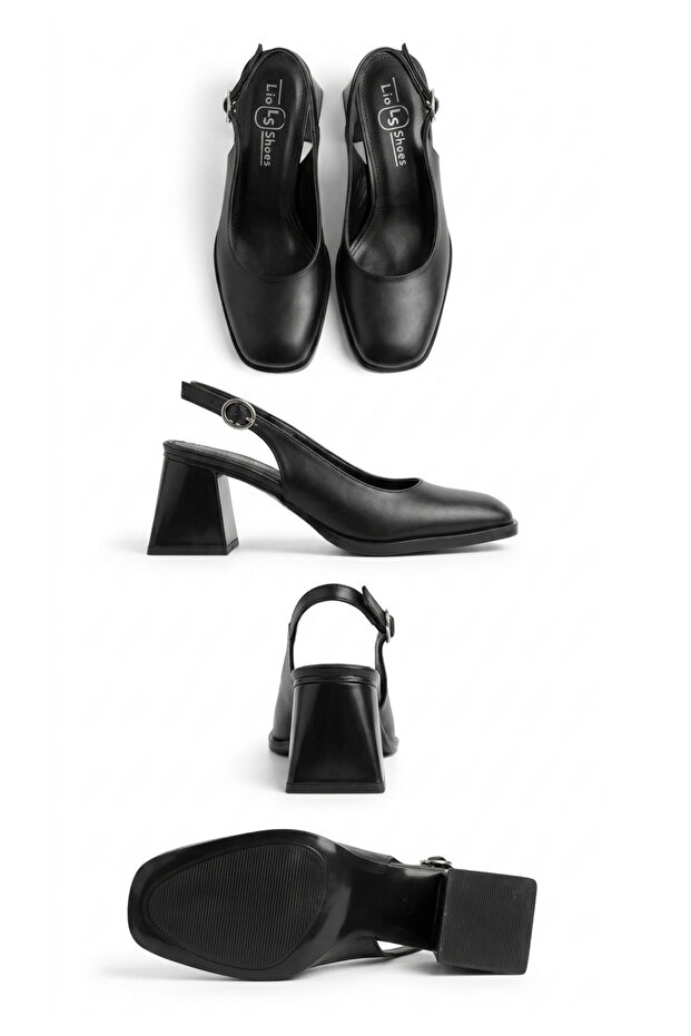 Mowio black leather high heeled shoes