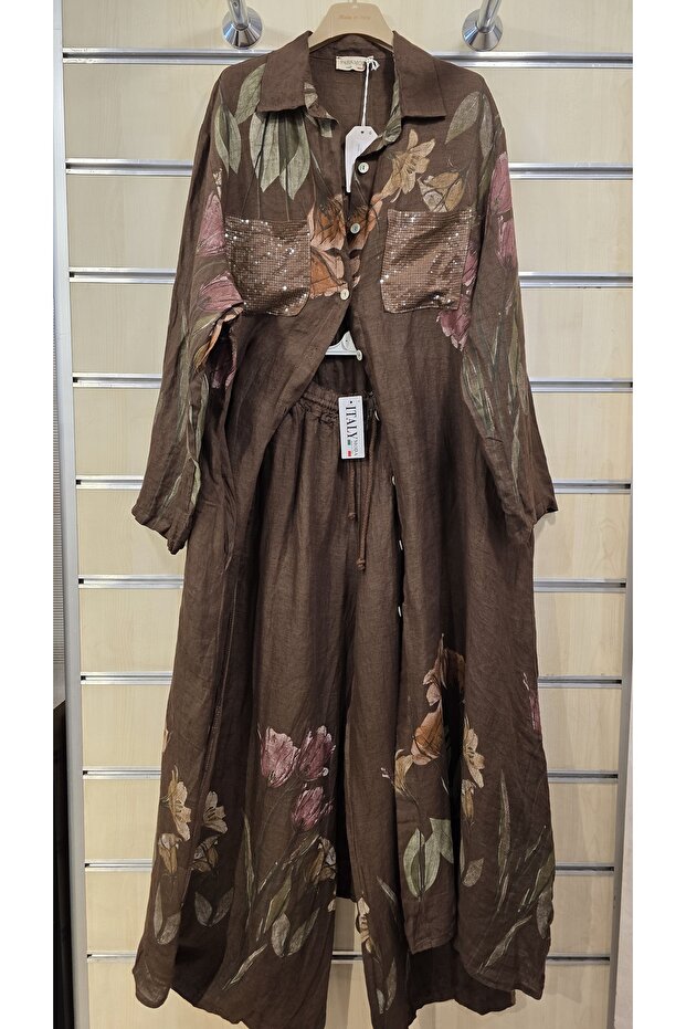 Italian Linen Set Long Tunic Shirt Pants with Sequin Detail