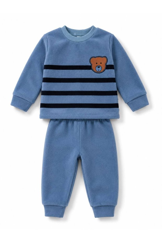 Striped Teddy Bear Printed Winter Fleece Unisex Girls Boys Baby Set