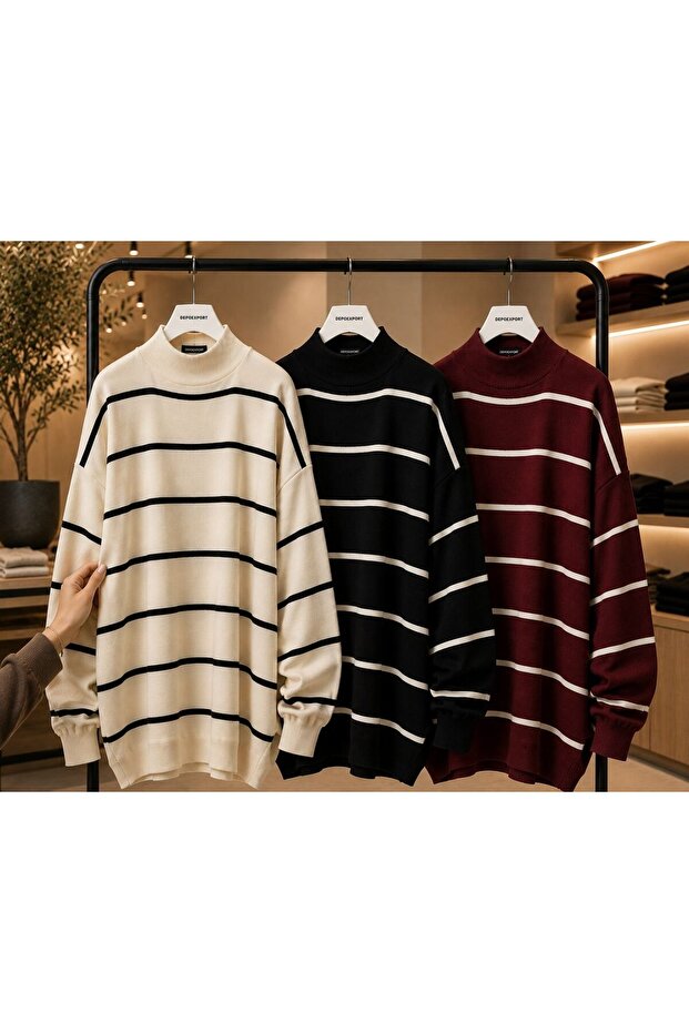 Women's 3-Piece Striped Knitwear Sweater Oversize Loose Design