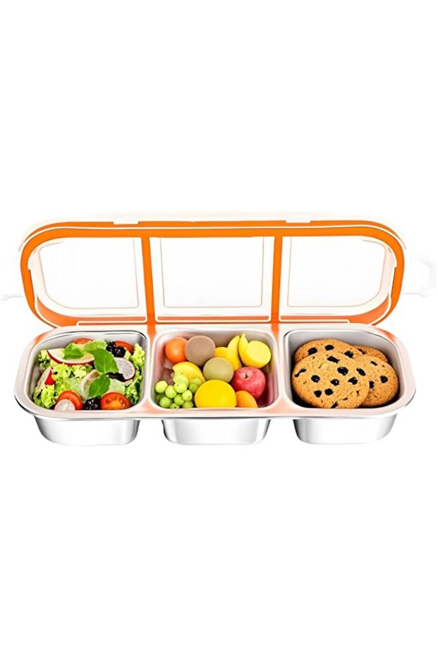 Steel Snack Container, 3-Compartment, 600ml,Leakproof Food Box with Lids, Reusable Divided Container
