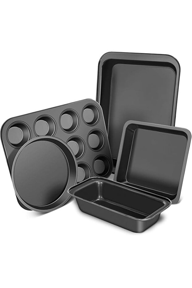 Tazweeq 5 Piece Nonstick Bakeware Sets, Round/Square Cake Pan, Muffin Loaf Roast Pan, Baking Sheets for Oven, Baking Tray Baking Supplies, Black