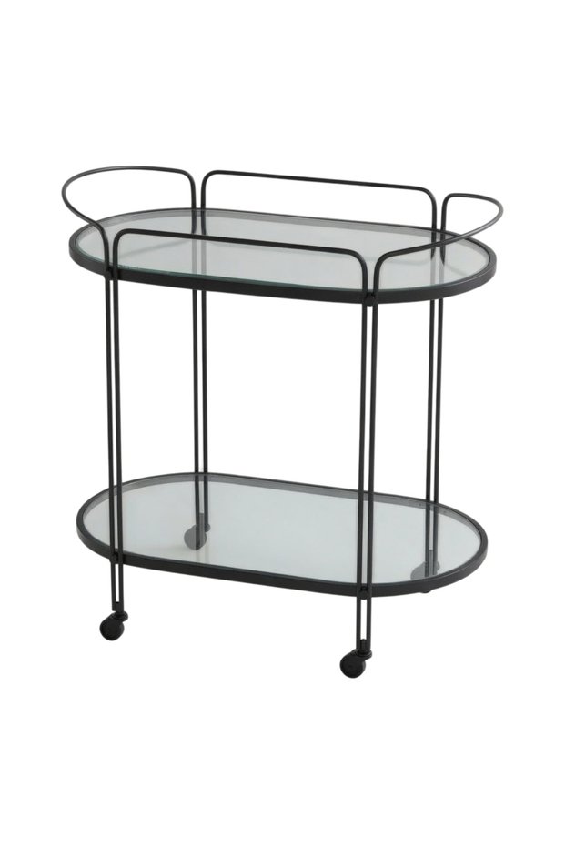 2-Tier Glass Bar Cart with Wheels, Rolling Serving Trolley with Clear Glass Shelves & Metal Frame