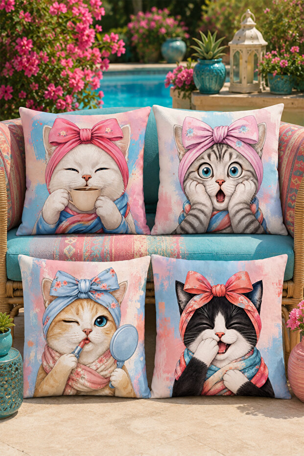 Fancy Cats Patterned 4-Piece Throw Pillow Cover Set