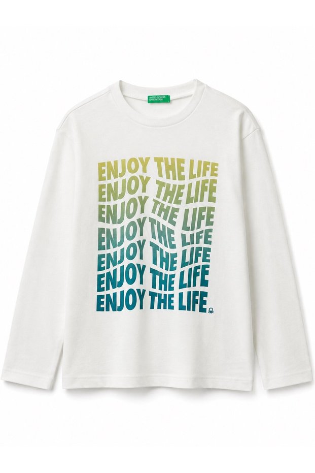 Benetton boys' college print crew neck long sleeve t-shirt, ages 6-14, white