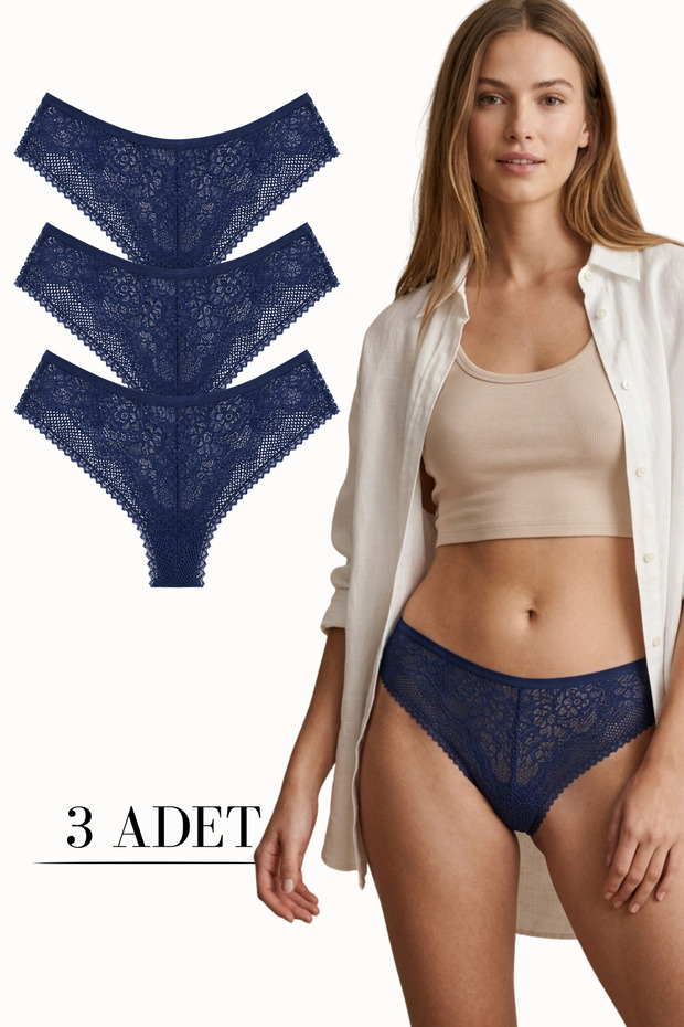 Women's Lace Front and Back Brazilian Panties Lycra Navy Blue 3-Pack