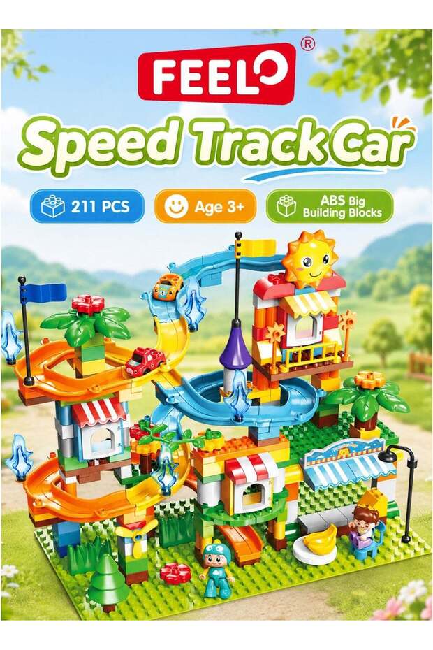 Slide Series Speed Track Car Big Building Blocks Set FL1140, 211 PCS Multicolor ABS Building Toy with Large 9.4 mm Block Format, Multi-Level Car Slide Track, 2 Mini Cars, 2 Character Figures, De