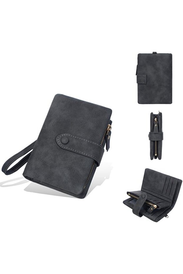 Small genuine leather wallet RFID wrist strap card slot zipper.
