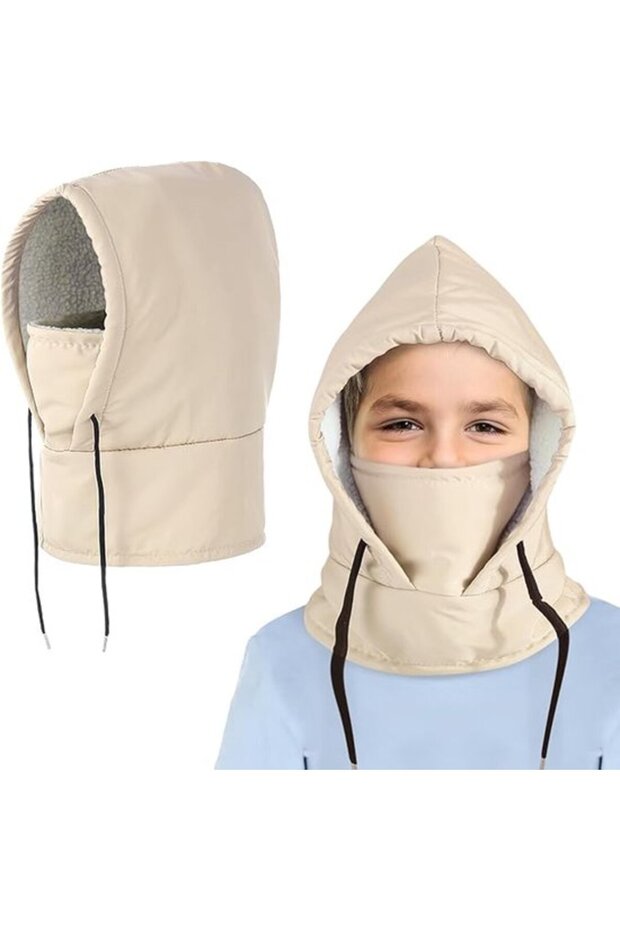 Kids' warm balaclava hat, waterproof fleece material for winter, ski hood, windproof and adjustable with scarf, hiking - black