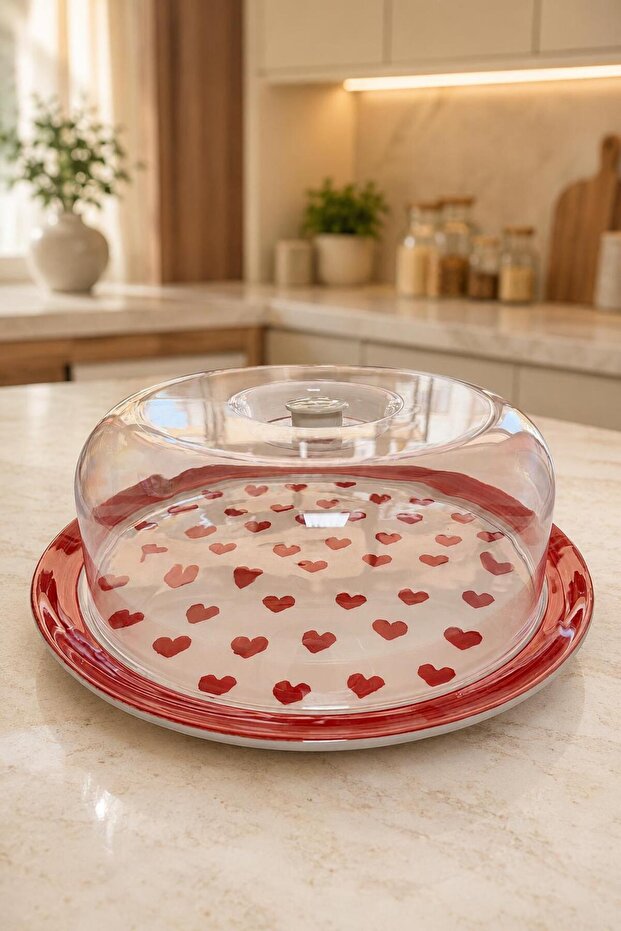 Covered Cake Dish 31 cm Heart Patterned Ceramic Cake and Pastry Presentation Plate