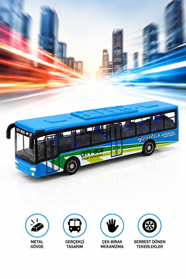 Pull and Drop Mechanism Metal Body Blue City Bus - Realistic Design Toy Car (15 cm)