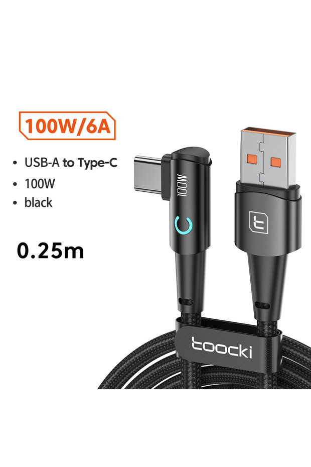 toocki A-C 0.25m Black Toocki 100W USB Cable to Elbow Fast Charging Type C Cable for Redmi K30 LED L