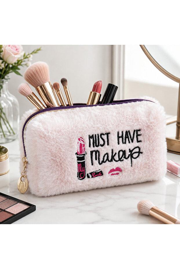 Plush Pen Holder and Makeup Bag Zippered Multi-Purpose Organizer Bag White
