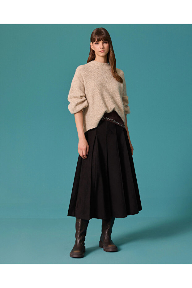 Suede Look Pleated Flared Midi Skirt