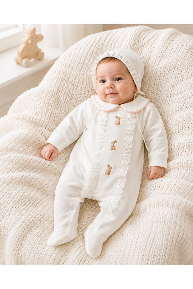 Obaby Baby Girl 3-3-6 Months Rabbit Embroidered Fluffy Jumpsuit with Gloves