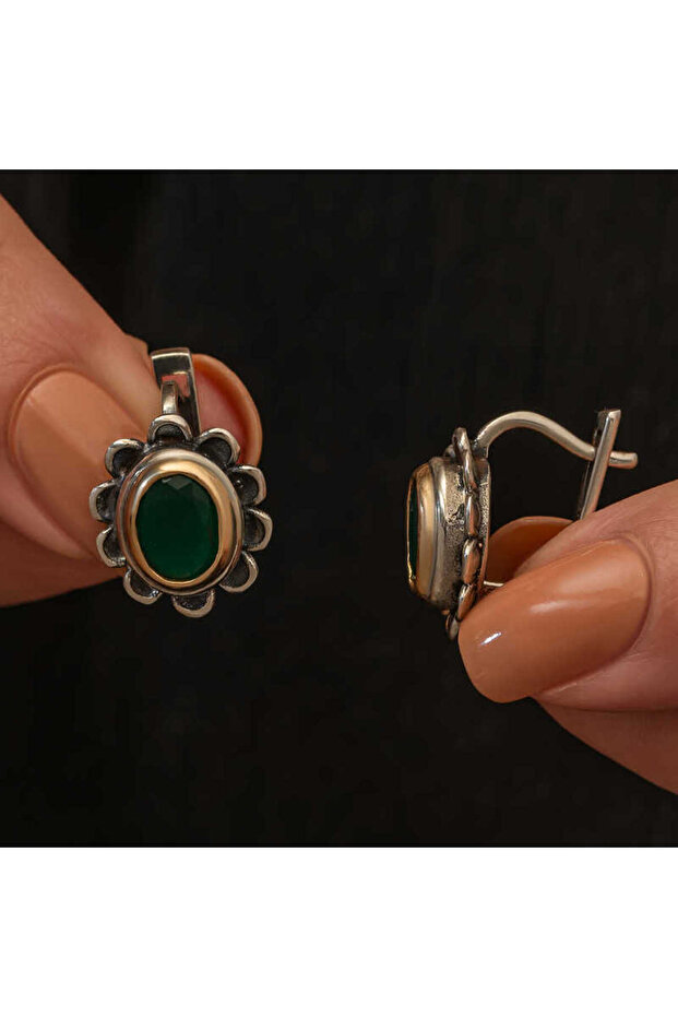 Silver Green Floral Pattern Authentic Women's Earrings