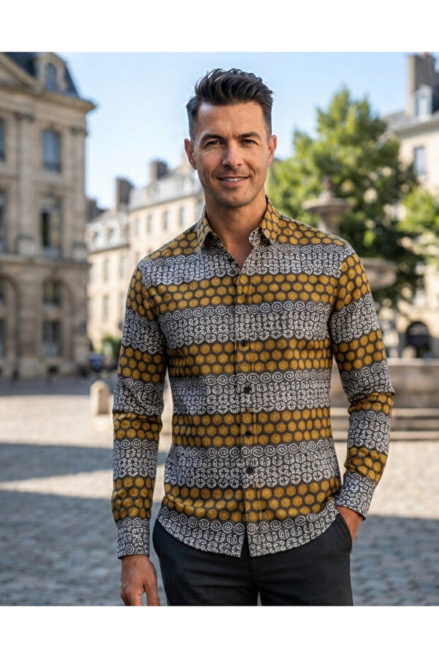 Long Sleeve Circle Patterned Cotton Fabric Regular Fit Men's Shirt