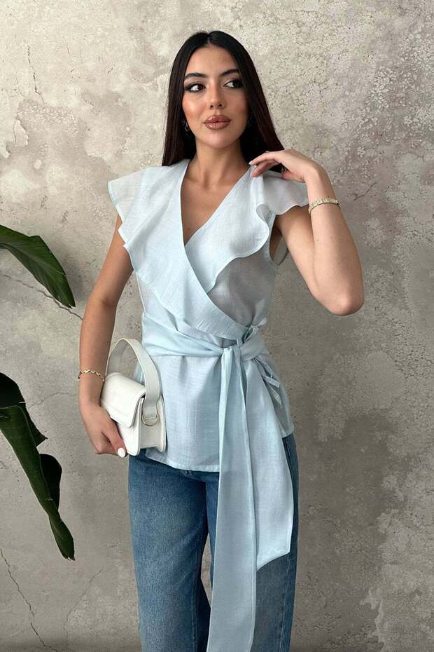 Women's Blouse Double Breasted Collar Flounce Sleeves Tie Waist Blue