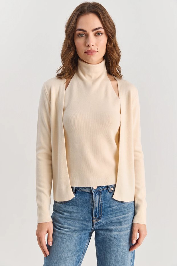 Women's Halter Neck Cream Cardigan with Internal Blouse Detail