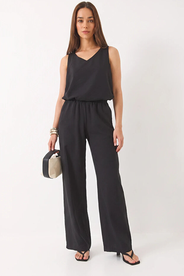 Women's V-Neck Strap Blouse with Palazzo Pants Black Bottom-Top Set