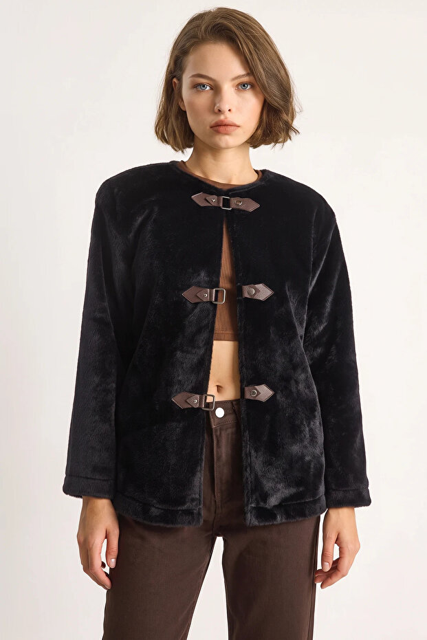 Women's Leather Buckle Detailed Lined Wool Textured Black Coat