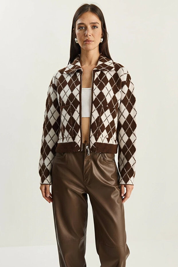 Women's Diamond Patterned Collared Zippered Knitwear Brown Ecru Cardigan