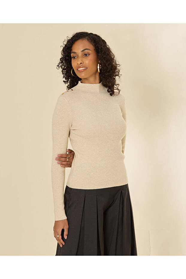 Women Beige Shoulder Button Detail Pullover